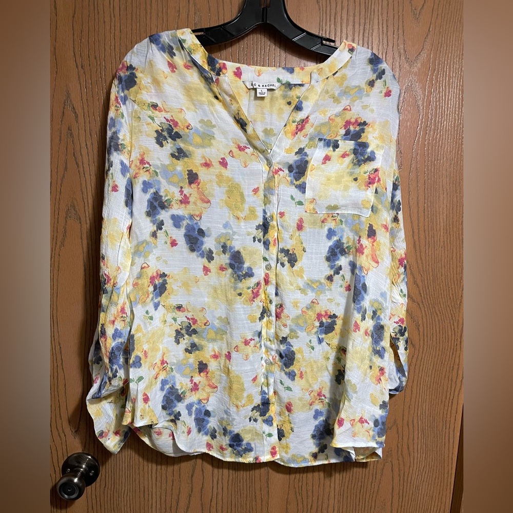Floral Blouse in Yellow, Blue and Pink with Front Pocket